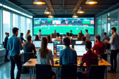 Personnes suivant un match de football sur grand écran.